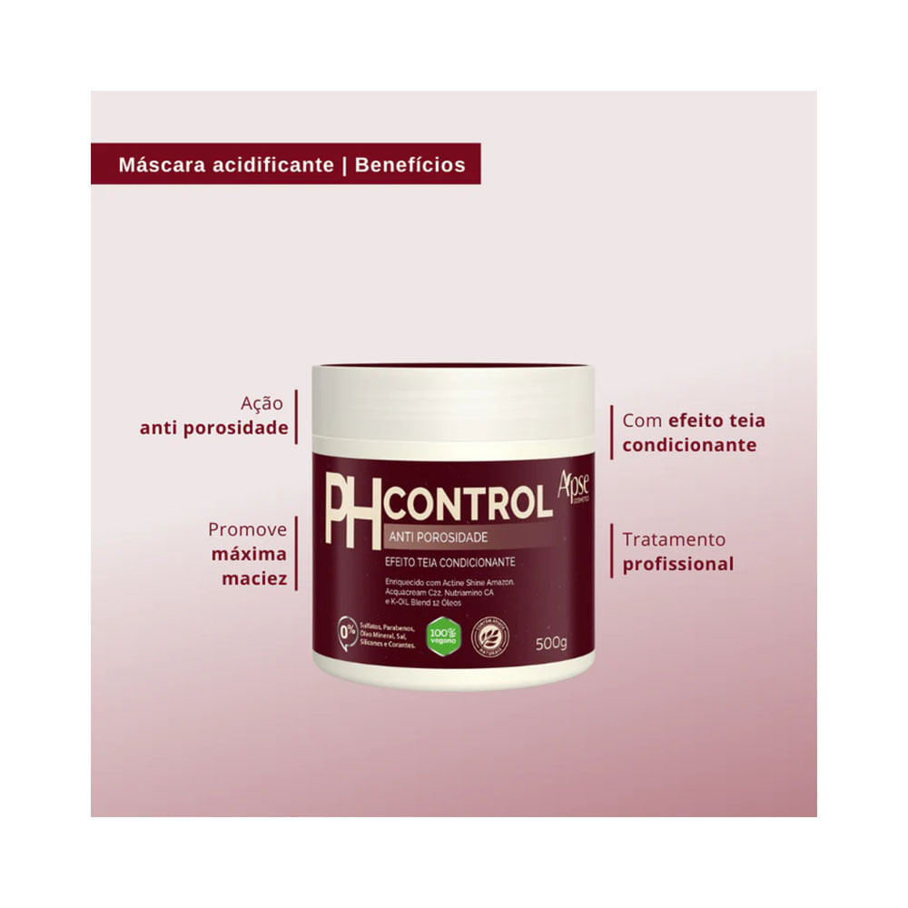 Máscara Acidificante Apice Ph Control 500g em pote branco com rótulo bordô sobre fundo rosa claro